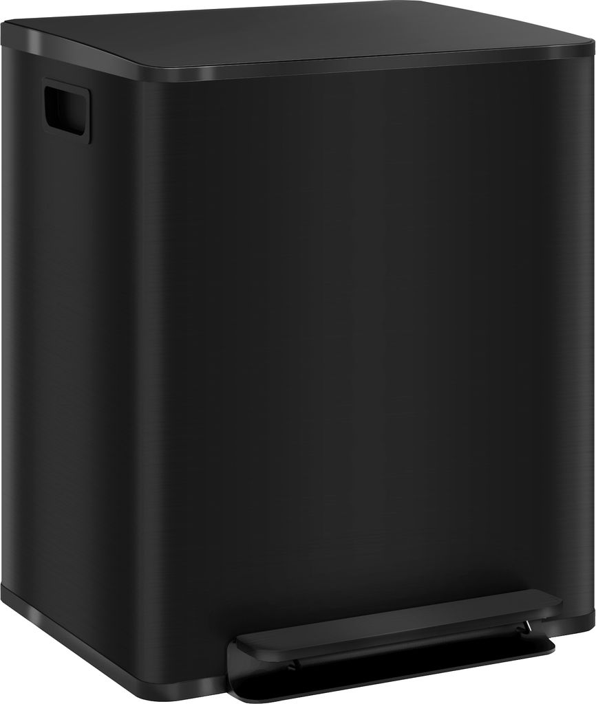 A black pedal trash can is shown from a slightly angled front view against a white background.