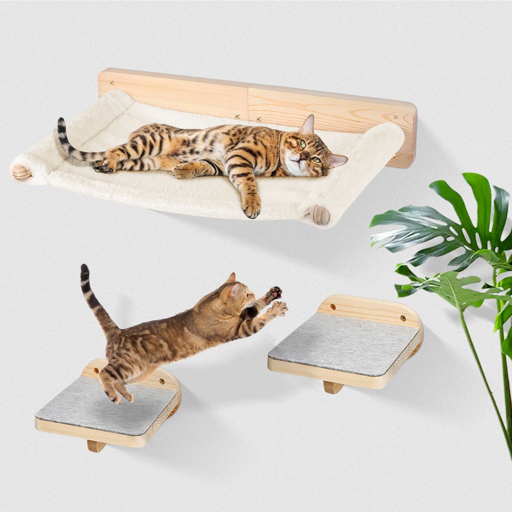 3 teilig Hängematte Kletterwand Katzen mit Katzentreppe 2 Stufen für die Wand Holz Filz