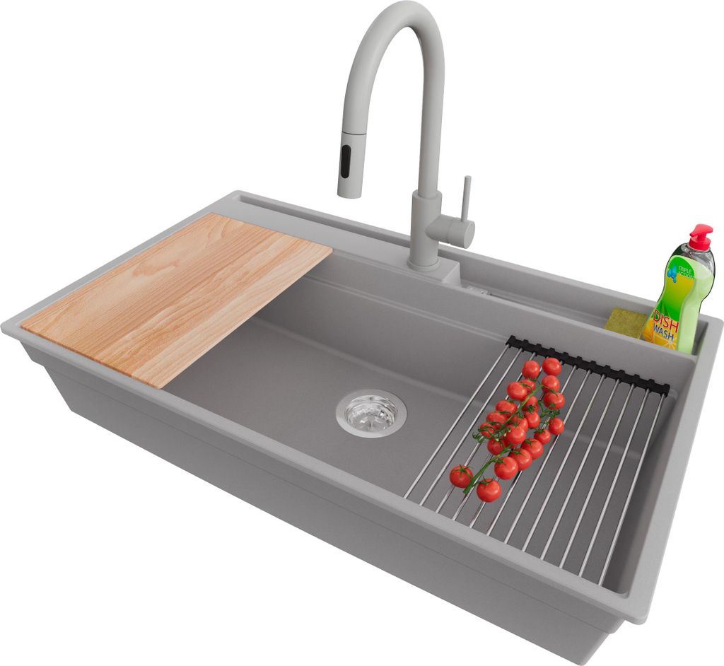 PRIMAGRAN Granitspüle Grau 88x53cm, Spülbecken 1 Becken + Küchenarmatur 40x20cm + Ablauf-Set + Küchenzubehörset, Küchenspüle ab 90er Untersc...