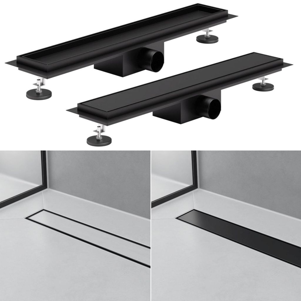 2in1 Duschrinne Schwarz Duschablauf Bodenablauf Abflussrinne Edelstahl Haarsieb befliesbar 50 cm
