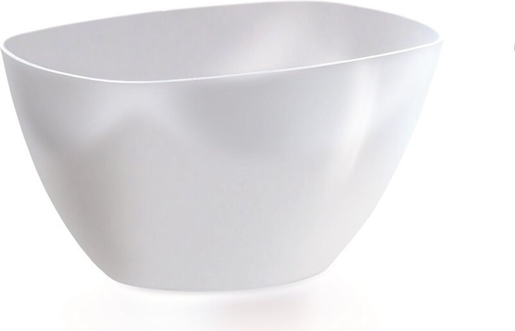 A white, square-shaped bowl with rounded edges, shown from a side angle against a white background.