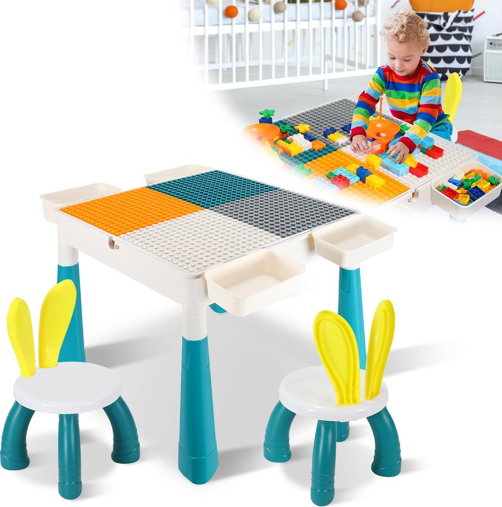 Bettizia Kindertisch mit Stühle Kindersitzgruppe mit 251Stück Bausteine Mehrzweck Tabelle ,mit 2 Stühlen,Sitzgruppe für Kinder mit Stauraum