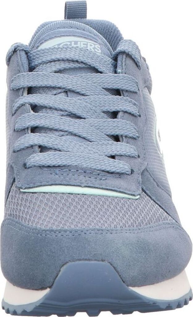 A close-up front view of a blue Skechers sneaker.