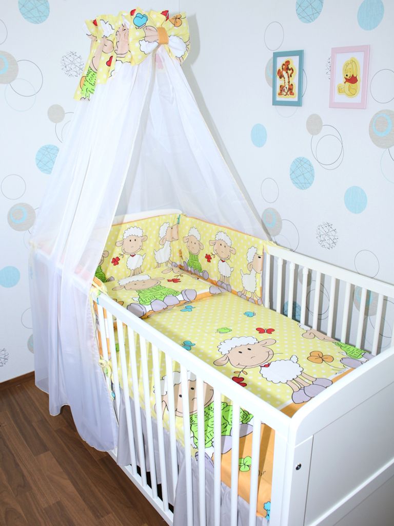 Primawela-Baby Bettwäsche Set- 5 teiliges Set mit Chiffon Himmel Bettset Nestchen - 21.Schaf Gelb