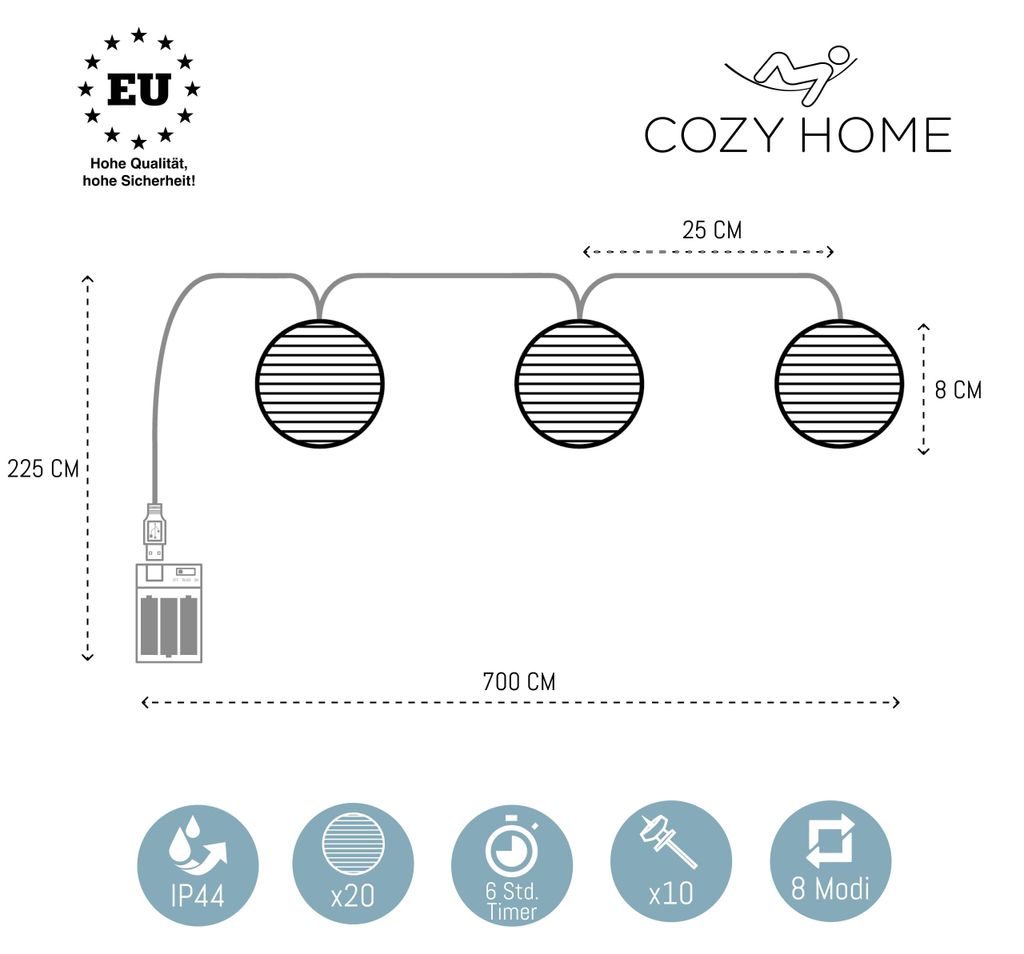 CozyHome Guirlande lumineuse LED Lampion Batterie | 20 LED Image du produit 