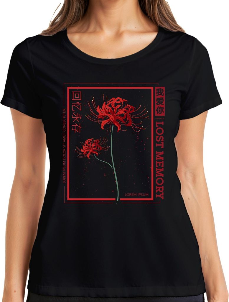 LOST MEMORY Rote Spinnenlilie Higanbana japanisch Streetwear Damen T-Shirt, Schwarz, L