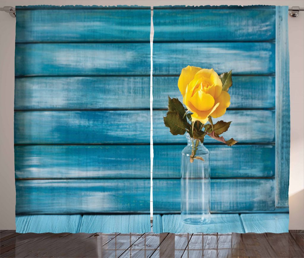 ABAKUHAUS Blume Rustikaler Vorhang, Blühende gelbe Rose in einem Glas, Wohnzimmer Universalband Gardinen mit Schlaufen und Haken, 280 x 245 cm, Pe...