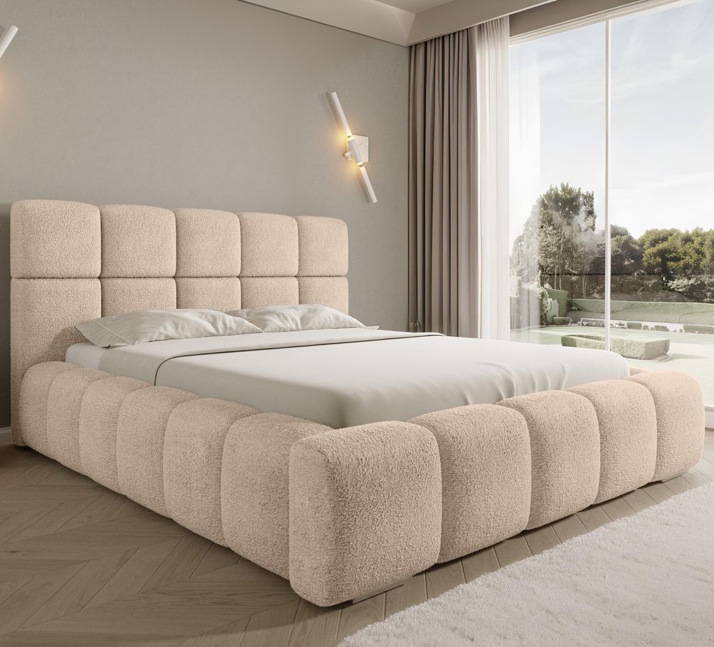 Polsterbett Asti 140×200 cm – Beige Bouclé-Stoff – mit Bettkasten und hochklappbarem Lattenrost – modernes Designerbett