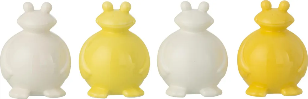 Figurines de grenouilles décoratives en céramique jaune et blanche - 4pcs