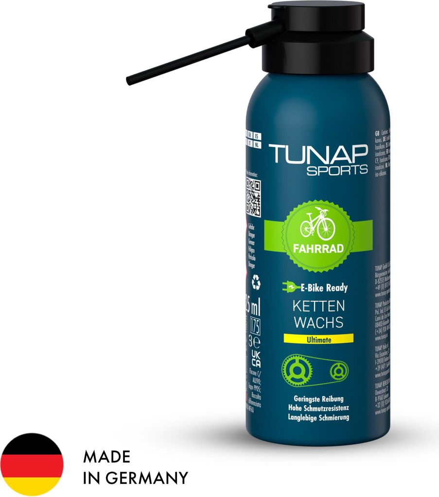 TUNAP SPORTS Kettenwachs Ultimate - 125 ml | Fahrrad-Trockenschmierung Spray für die Kette auf Wachs-Basis | Geschmeidiges Schmierfett | E-Bike Re...
