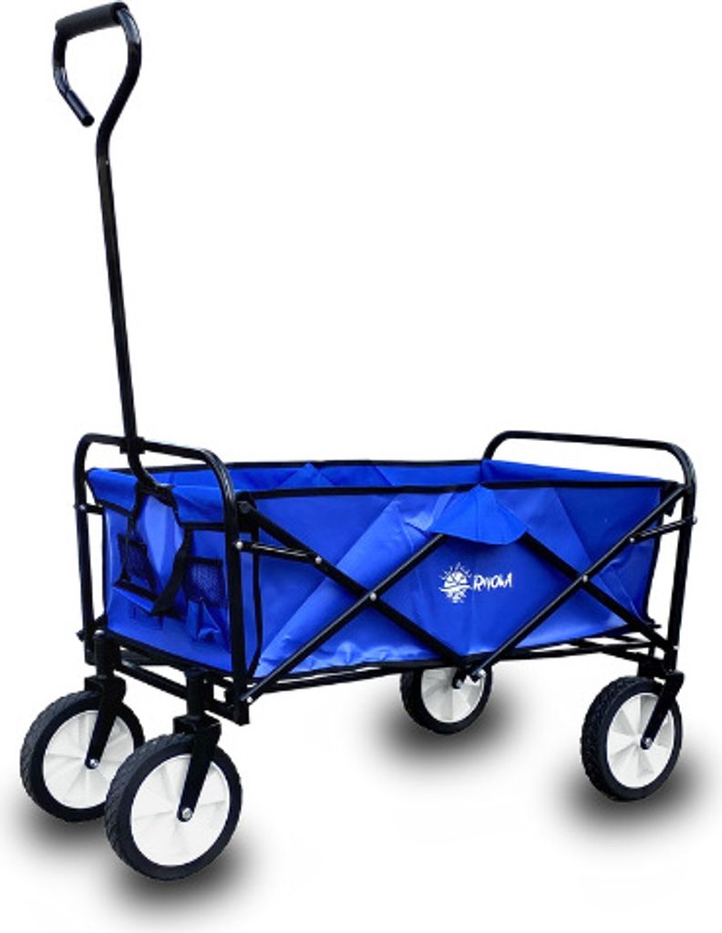A blue foldable wagon with a black frame and handle, shown against a white background.