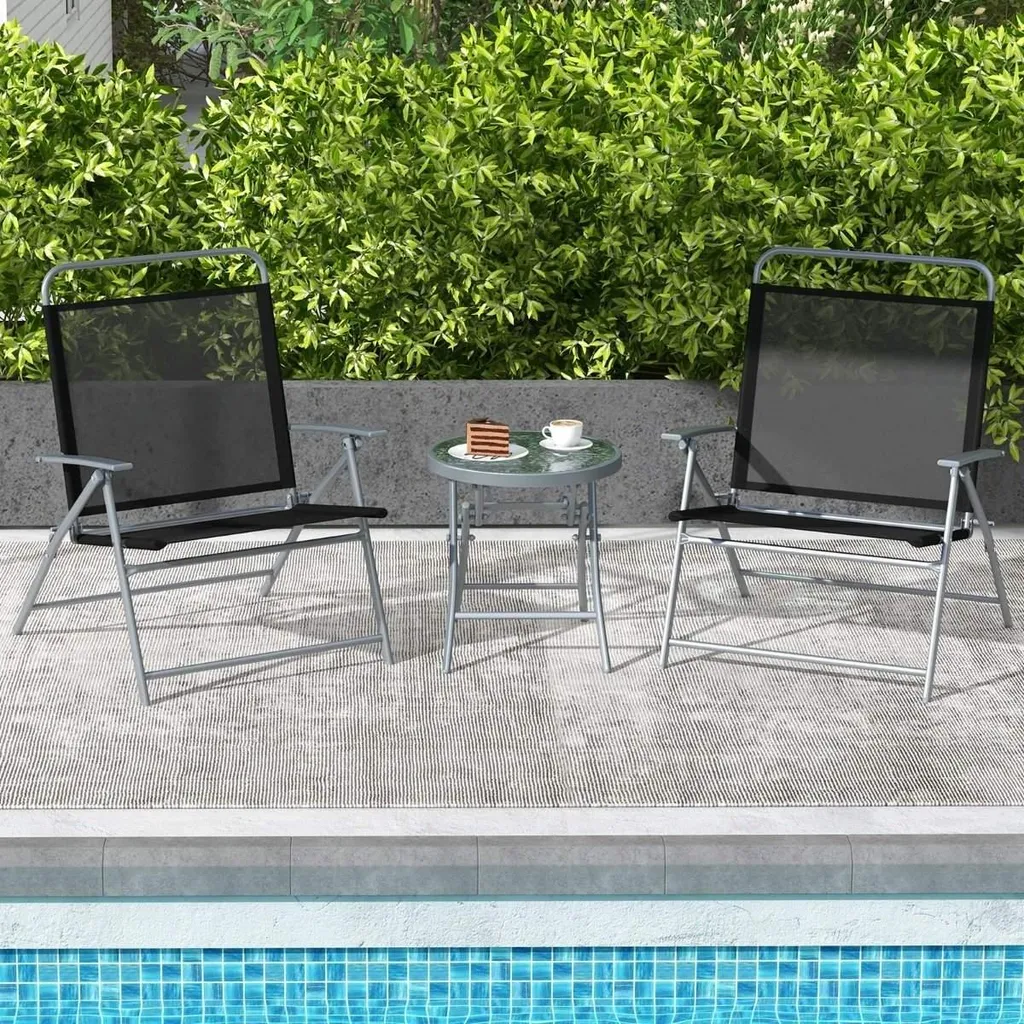 Table de bistro et 2 chaises pliantes - Salon de jardin métal gris anthracite