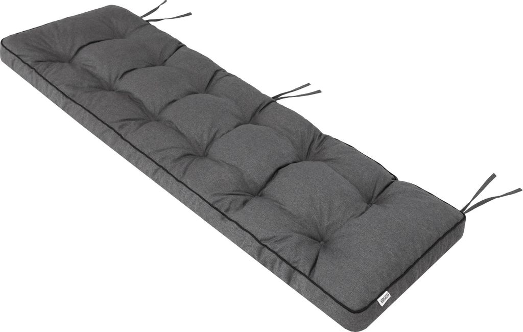 A dark gray bench cushion with tufting and black piping, shown from a diagonal angle on a white background.
