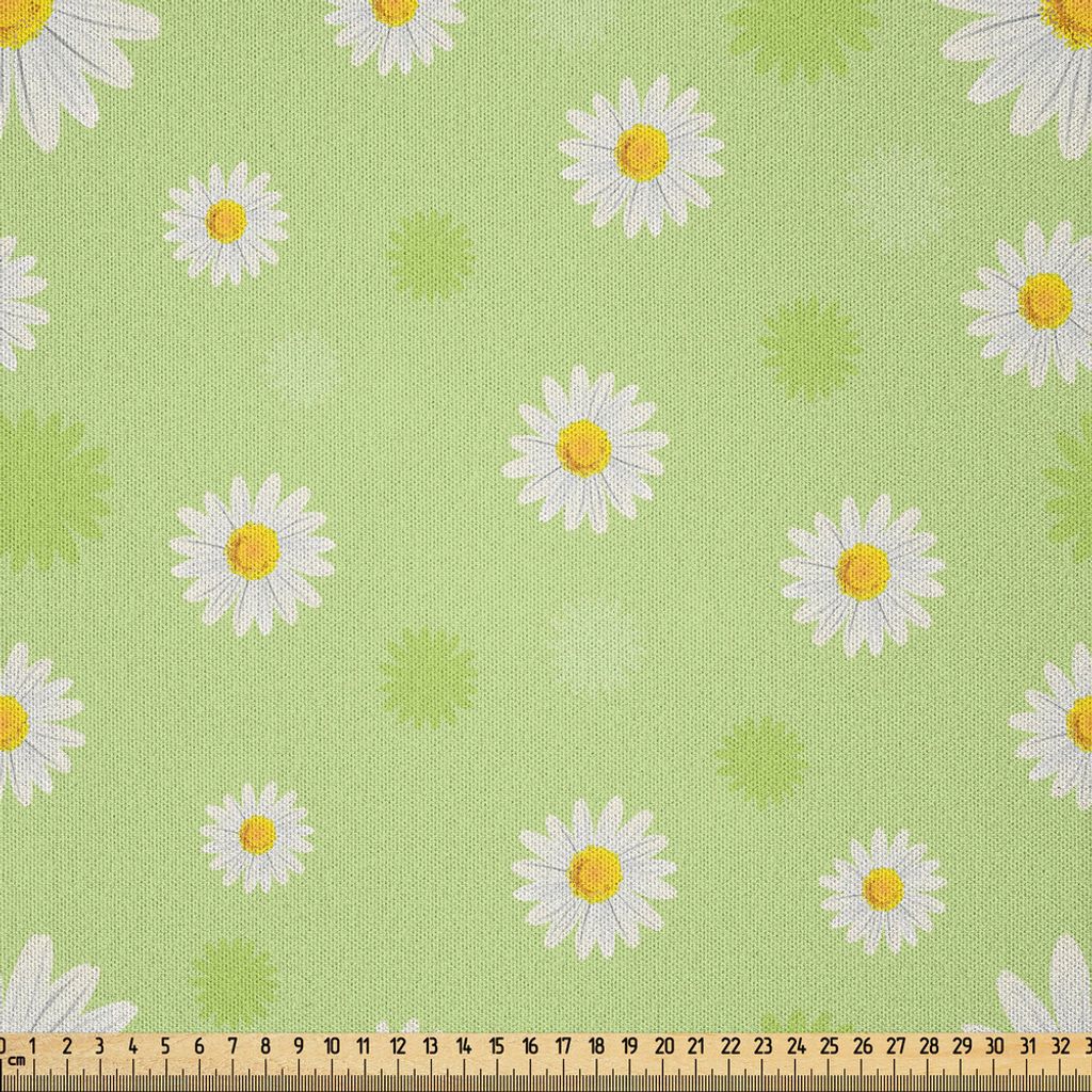 ABAKUHAUS Gelb und Grün Microfaser Stoff als Meterware , Freundliches und schönes Frühlingsthema mit klaren Gänseblümchen, 1 M (230 x 100 cm),...