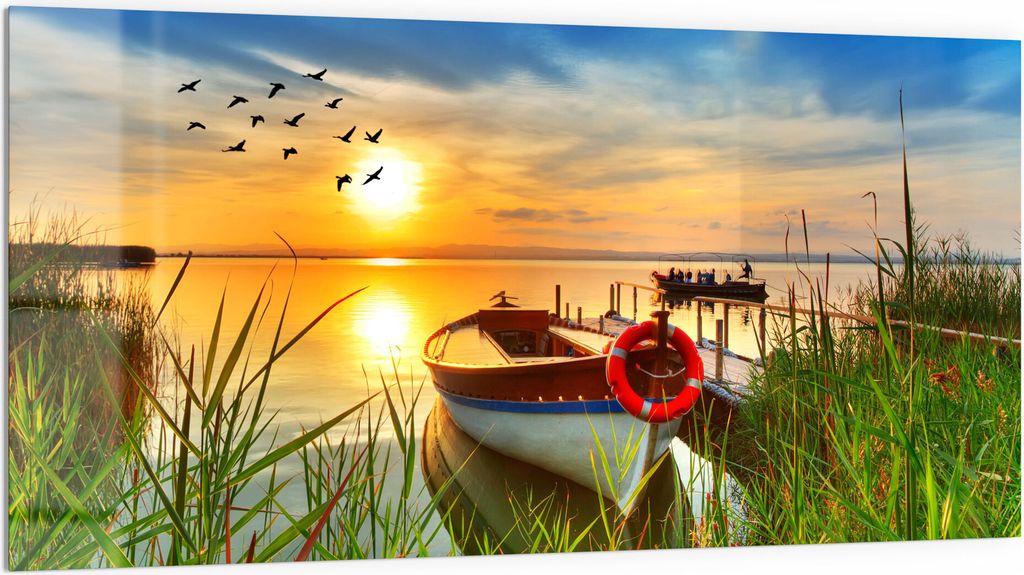 DEQORI Küchenrückwand Glas 100x50 cm 'Boot am Steg auf Madeira' Spritzschutz Bad Rückwand