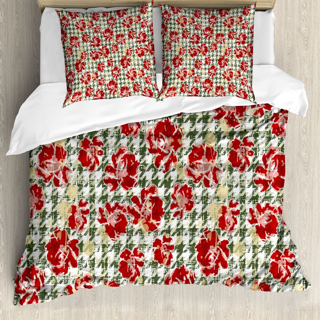 ABAKUHAUS Blumen Bettbezug, Scottish Houndstooth, Milbensicher Allergiker geeignet mit Kissenbezügen, 155 cm x 220 cm - 80 x 80 cm, Jägergrün Rubin