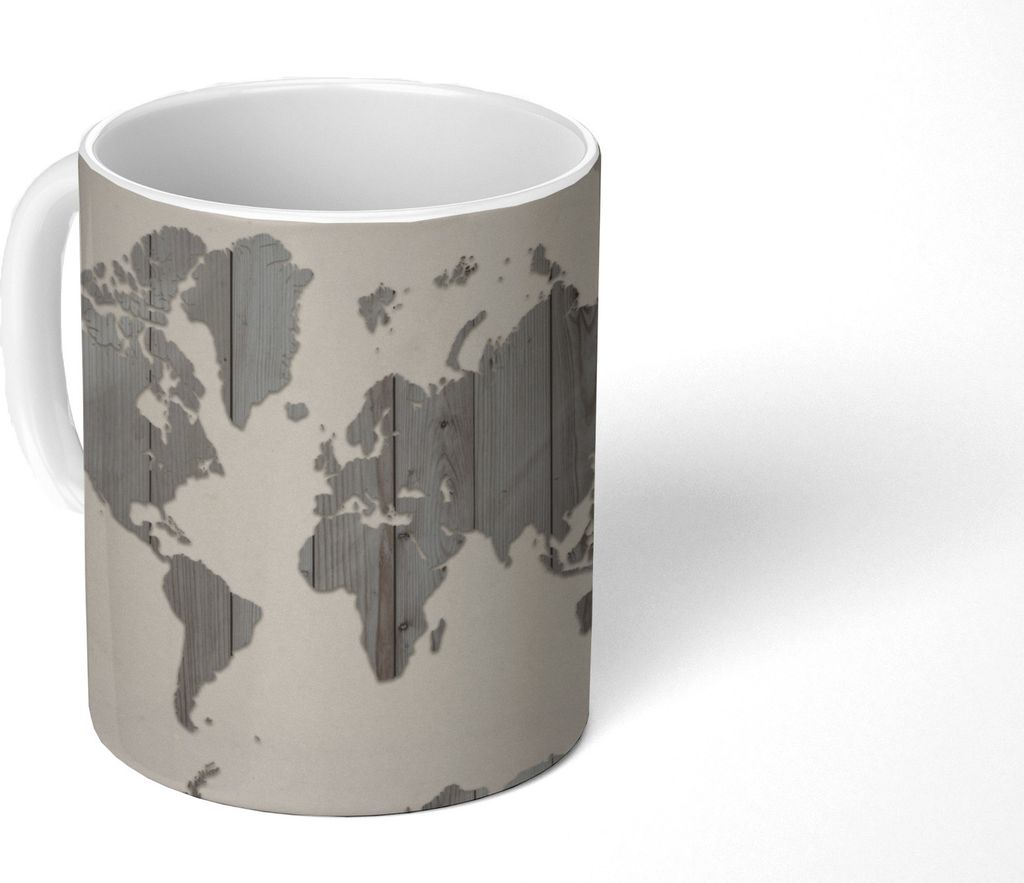 MuchoWow Tasse Kaffeetasse Kaffeebecher 350 ml Weltkarte - Holz - Design Teetasse - Fototasse - Becher - Keramikbecher - Teebecher - Kaffeetasse ...