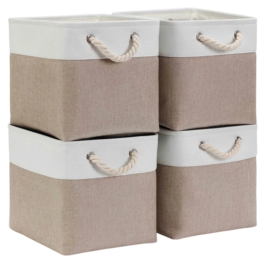 Boîte de rangement pliable 28 cm bicolore blanc kaki en tissu doux