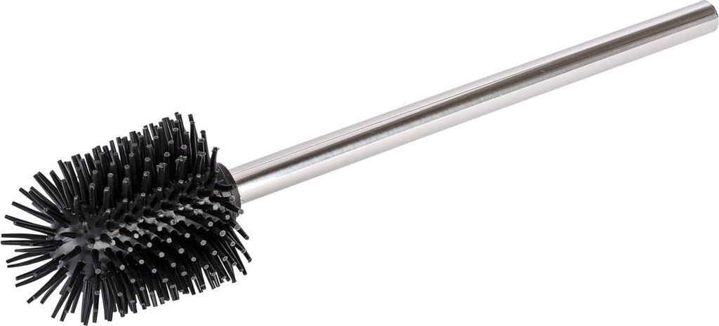 A toilet brush with a black brush head and a silver handle, isolated on a white background.