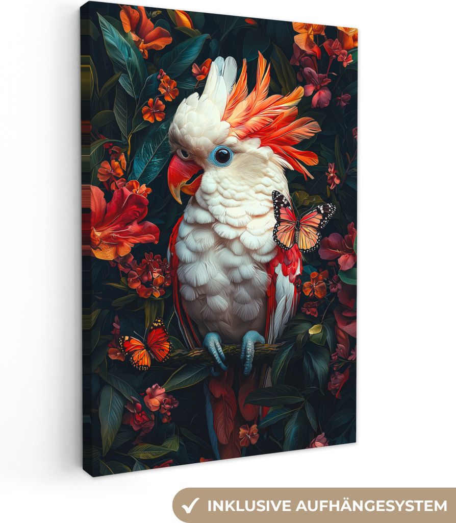 Leinwandbilder 60x90 cm - Tiere, Blumen - Kakadu - Schmetterlinge, Bilder Wohnzimmer Modern, Wanddeko