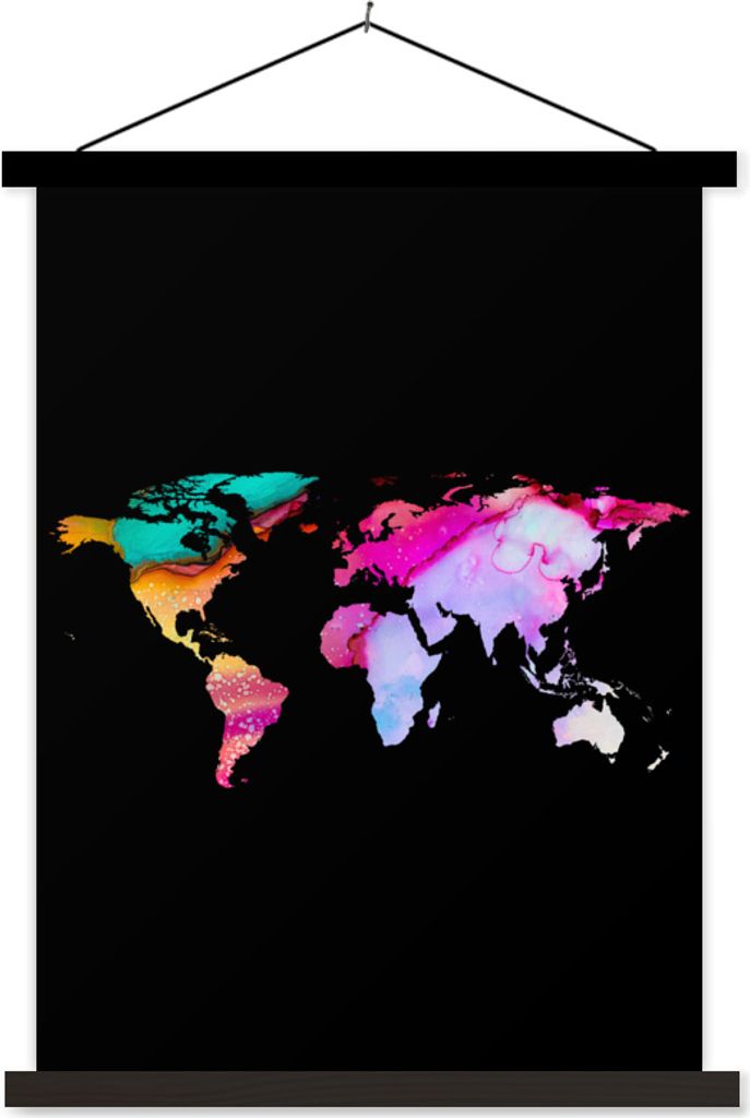 MuchoWow Textilposter Weltkarte - Regenbogen - Aquarell 120x160 cm mit schwarzem Rahmen - Magnetischer