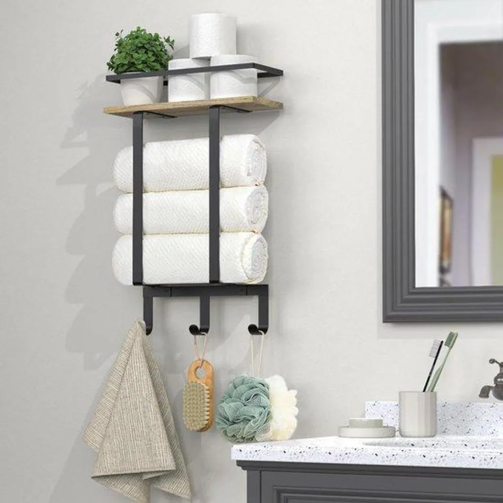 Porte-serviettes en bois avec rail de suspension et crochets muraux