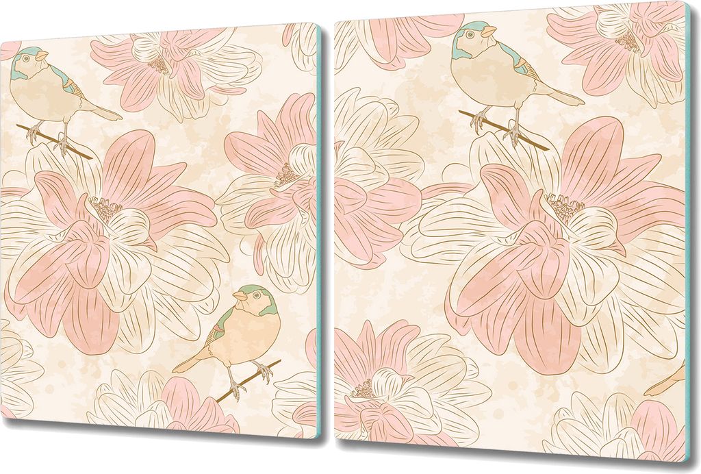 Glas-Herdabdeckplatte Glaskeramikkochfeld-Abdeckung Spritzschutz - 2x 40x52 cm - Beige Vögel Hellrosa