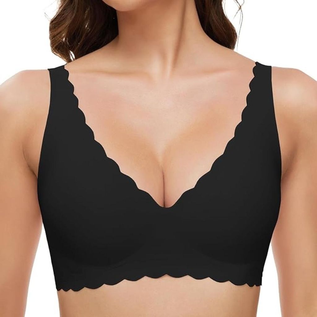 INF Nahtloser kabelloser BH für Damen – Weich, stützend, V-Ausschnitt Design Schwarz L