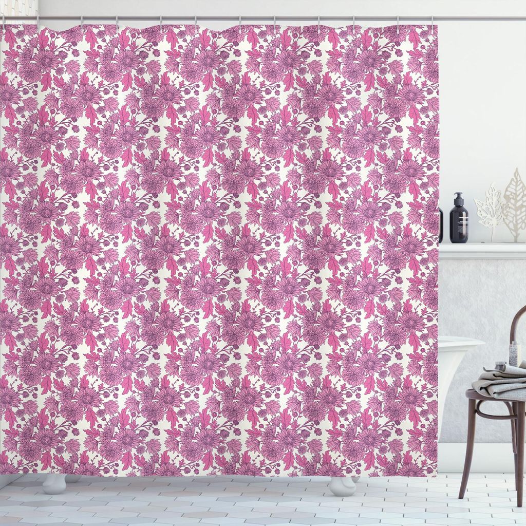 ABAKUHAUS Blumen Duschvorhang, Romantische Zusammensetzung der Chrysanthemen Illustration von Hand gezeichnet, 175 x 200 cm, Rosa Pale Fuchsia und ...