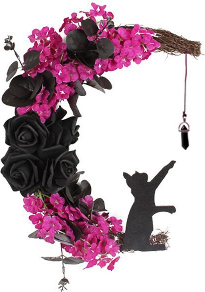 Halloween-Kranz für die Haustür, schwarze Katze, Mondlicht-Girlande, LED-Lichter, Türdekor mit lila Blumen, für drinnen und draußen, gruselige...