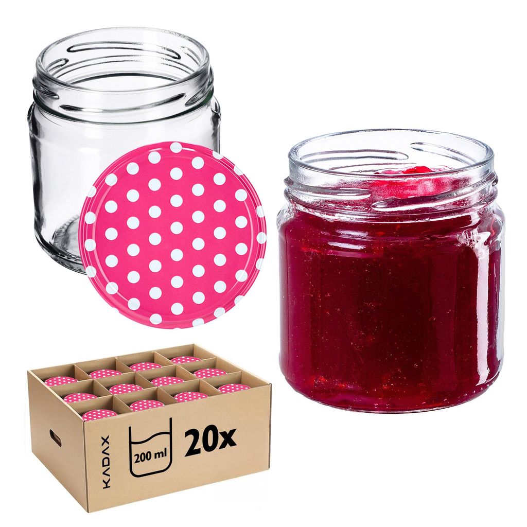 KADAX Einmachgläser mit Deckel "Lerma", Einweckgläser, 200 ml, rosa Erbsendeckel, 20 Stück