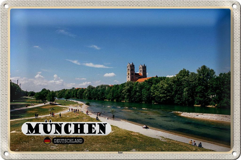Blechschild Städte München Isar Schloss Fluss 18x12cm