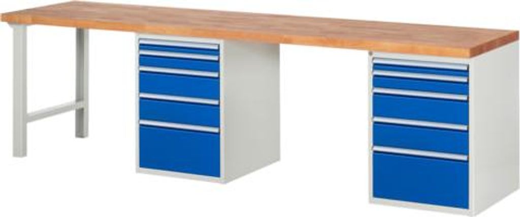 Werkbank mit 10 Schubladen - Vollauszug - 60:2 / 90:2 / 150:4 / 270:2 - 890 x 3.000 x 700 mm (HxBxT) - Traglast 1.000 kg - Buche