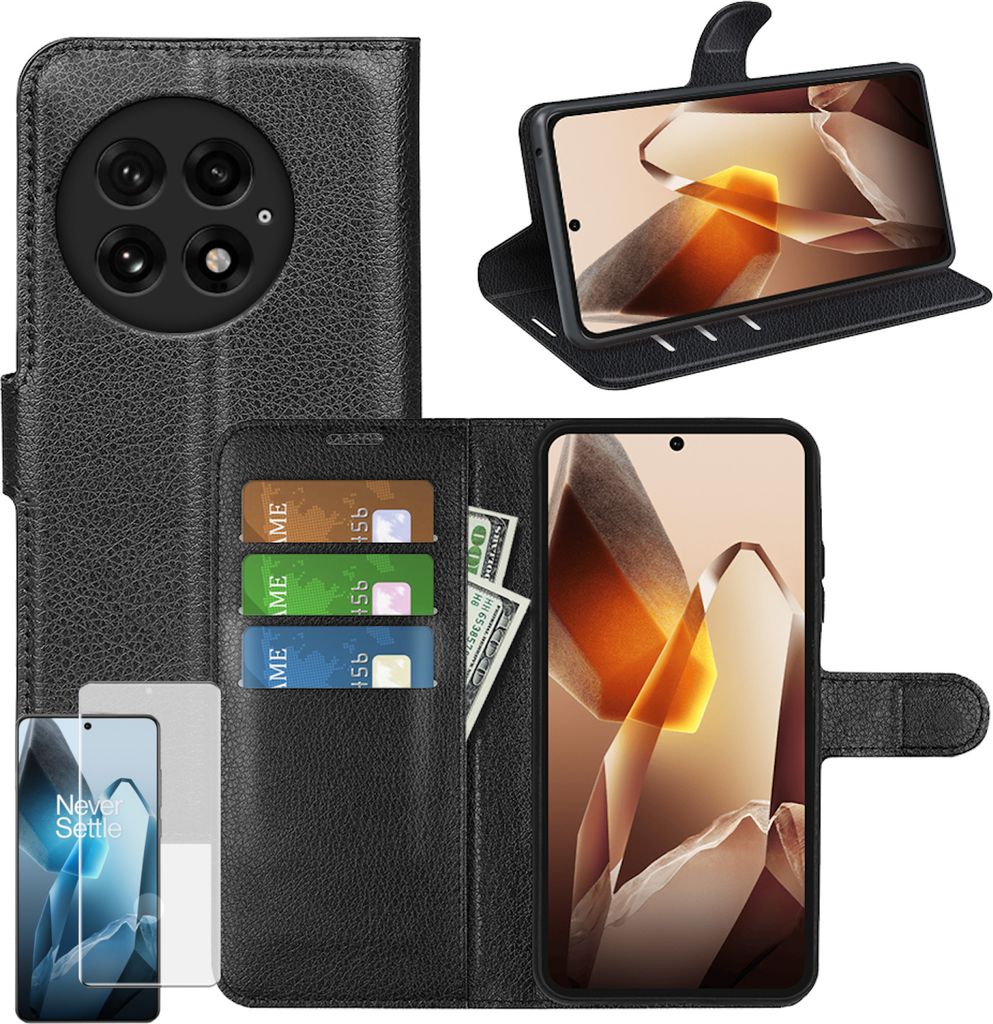 Für OnePlus 13 Handy Tasche Schwarz Etuis Kunst-Leder Hülle Case + 4D Curved H9 Hart Glas