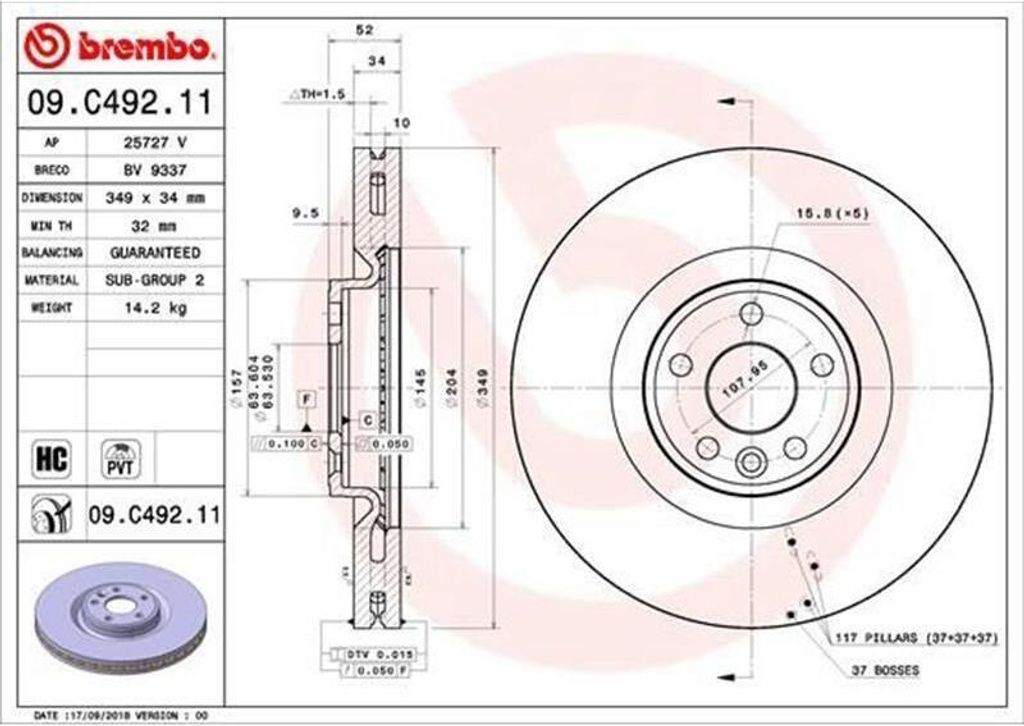 2x BREMBO Bremsscheibe 09.C492.11 vorne für LAND ROVER Produktbild 