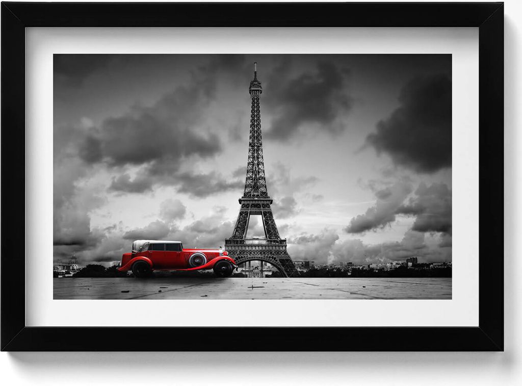 Eiffelturm und rotes Auto– Wandbild mit Rahmen – Gerahmtes Bild – Wanddekoration – 30x20 cm – Schwarz Rahmen