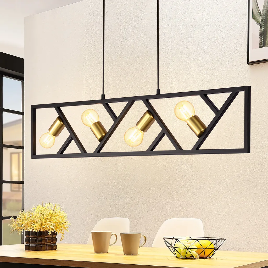 Lustre Suspension Industrielle 4 Flammes Métal Noir pour Salon et Salle