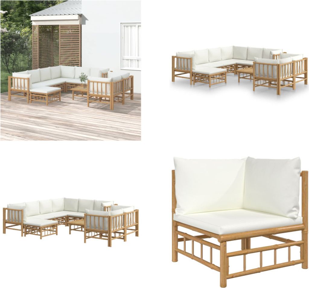 vidaXL 10 tlg. Garten Lounge Set mit Cremeweißen Kissen Bambus - Garten Lounge Set - Garten Lounge Sets - Lounge Set - Gartenmöbel Set