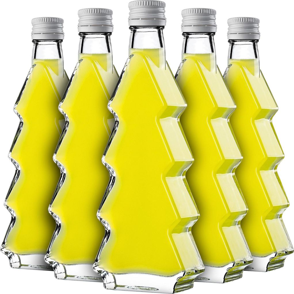 KADAX Glasflaschen in Tannenbaum Form, 200ml, 10 Stück, Weihnachtsflaschen mit Schraubverschluss, Likörflaschen für Weihnachten, leere Schnapsfl...