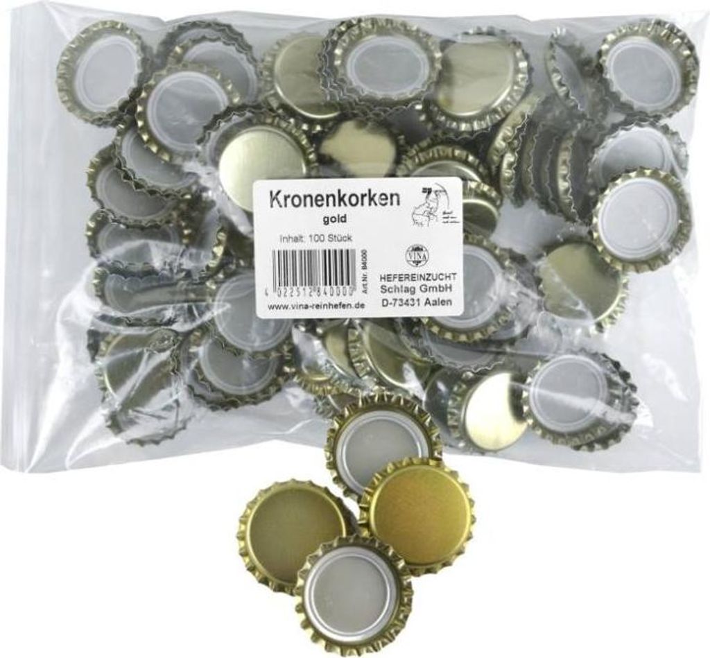 Kronkorken 100 Stück 26 mm Ø goldfarben Metall für Bier-, Saft- und Weinflaschen