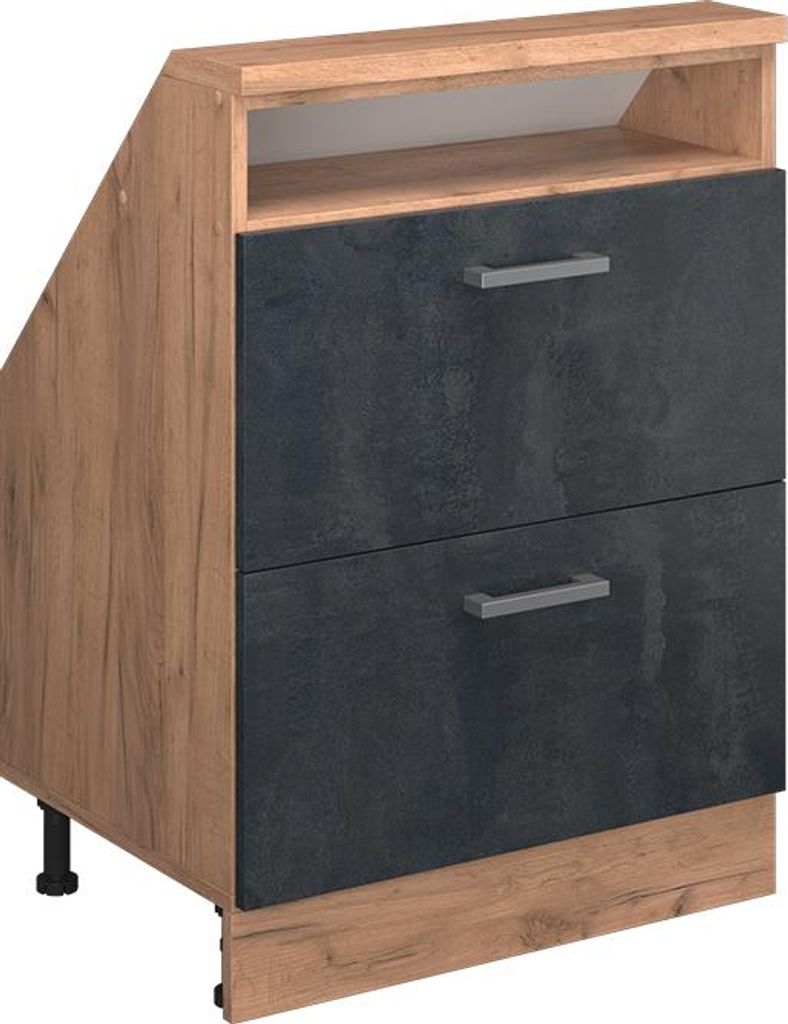Vicco Küchenschrank für Dachschrägen R-Line, 60 cm mit 2 Schubladen, Schwarz Beton/Goldkraft Eiche