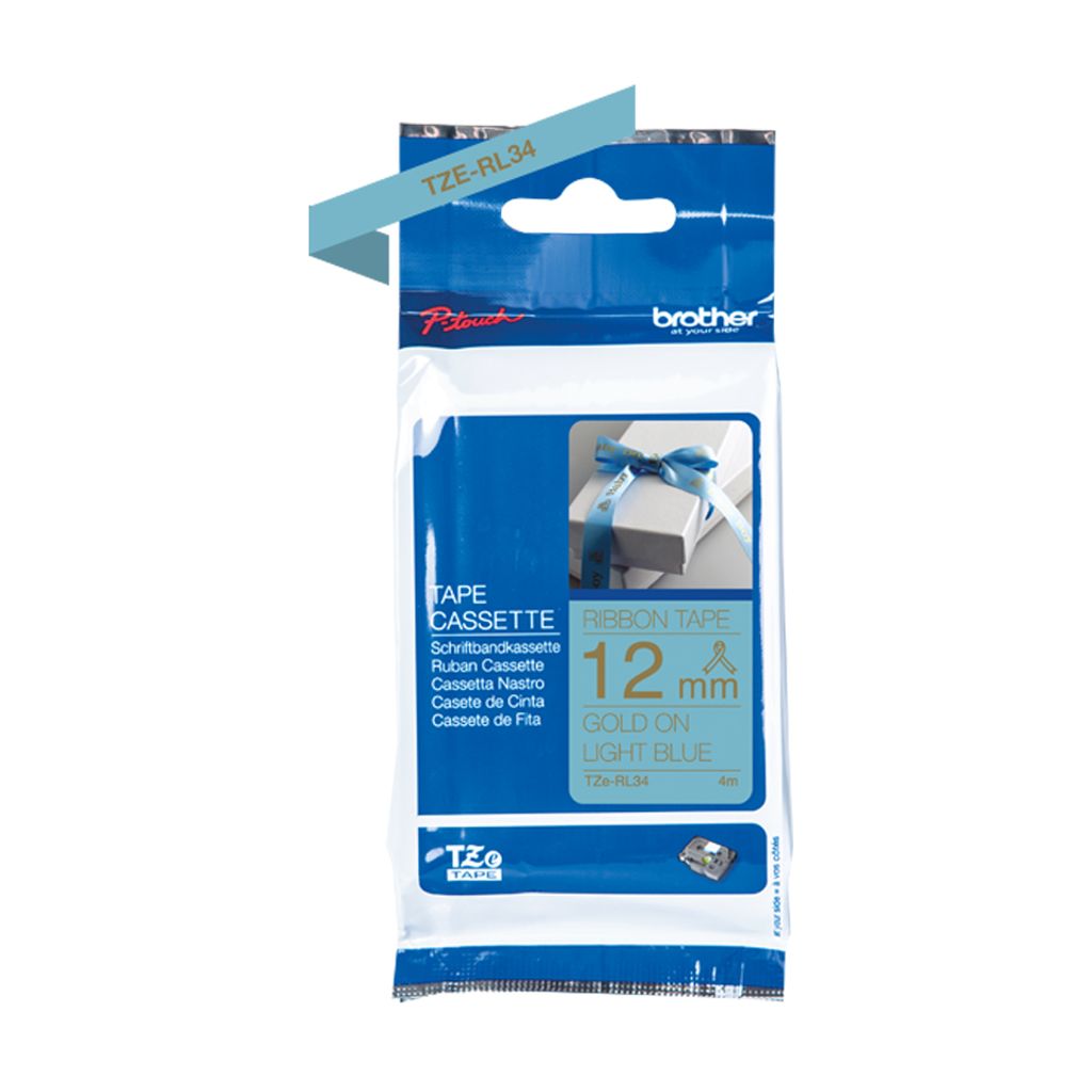Brother TZe-RL34 - Seidig - Gold auf Hellblau - Rolle (1,2 cm x 4 m) 1 Kassette(n) Band - für Brother PT-D210, D600, H110, P-Touch PT-1005, 1880, ...