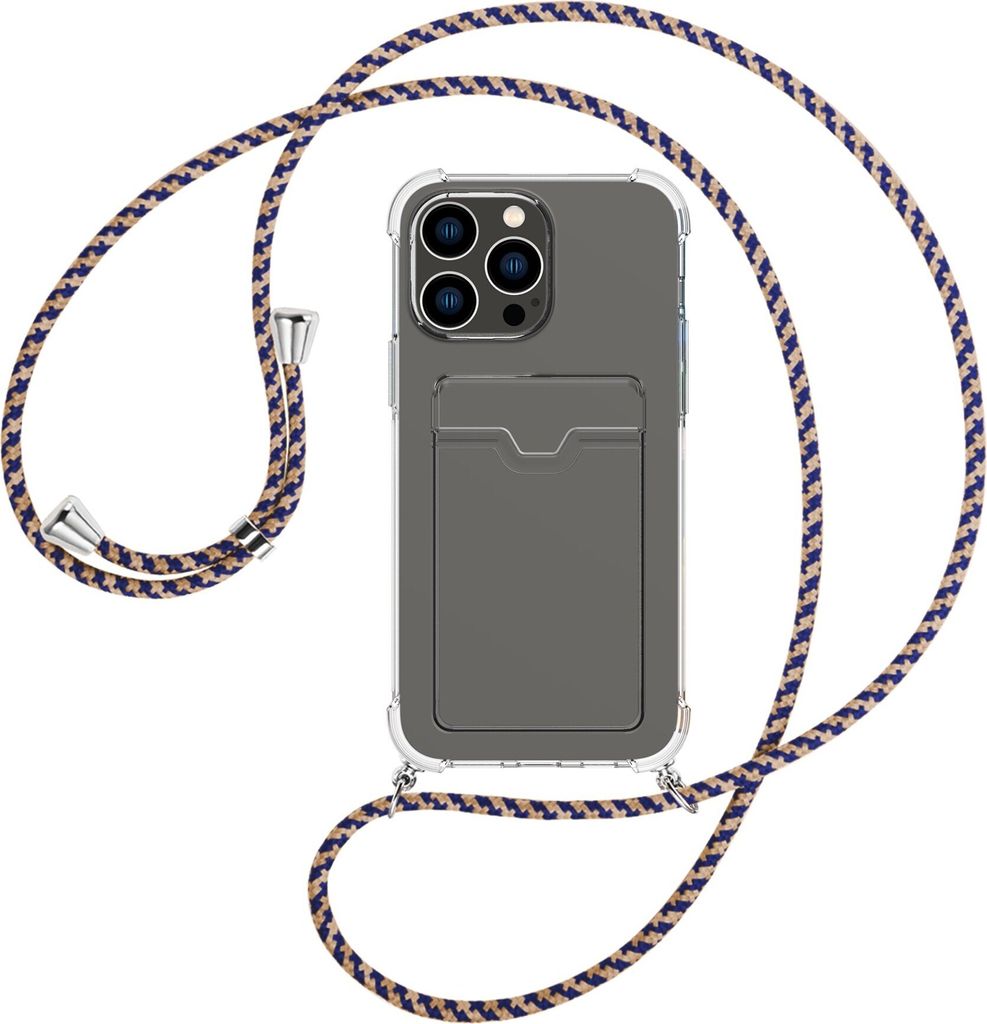 Handykette Backcover-Schutzhülle mit Band (Metall silberfarben) für Apple iPhone 15 Pro Max - blau+beige