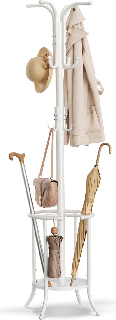SONGMICS Kleiderständer freistehend, mit Regenschirmständer, 12 Haken, Metall, 175 cm hoch, für Flur, Wohnzimmer, Schlafzimmer, perlweiß