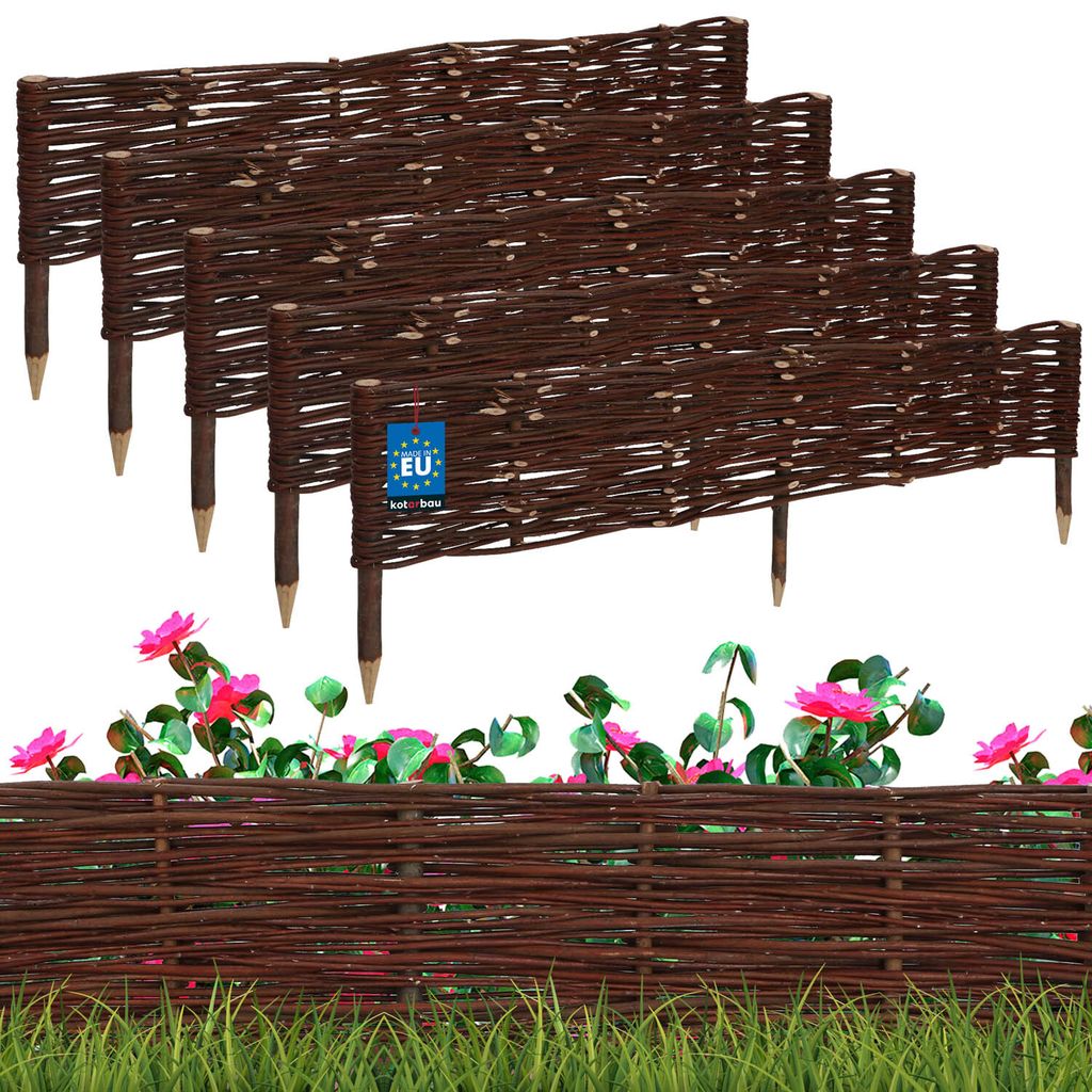 A set of woven willow garden borders with pointed stakes, shown in a stepped arrangement against a white background, with a hint of flowers and grass at the bottom.