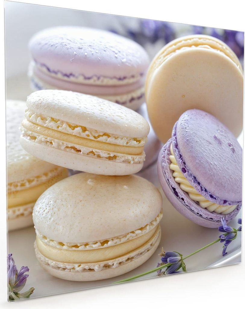 Küchenrückwand Spritzschutz Glas mit Motiv Lavendel Macarons 40 x 40 cm