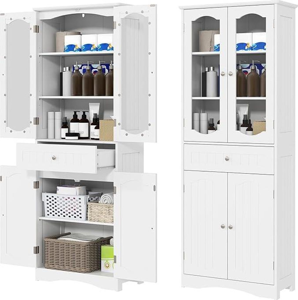 Hochschrank , Hoher Badschrank, Moderner Badezimmerschrank, mit 4 Glastüren und 1 Schublade, Höhenverstellbare Regale, Großer Stauraum, Weiß