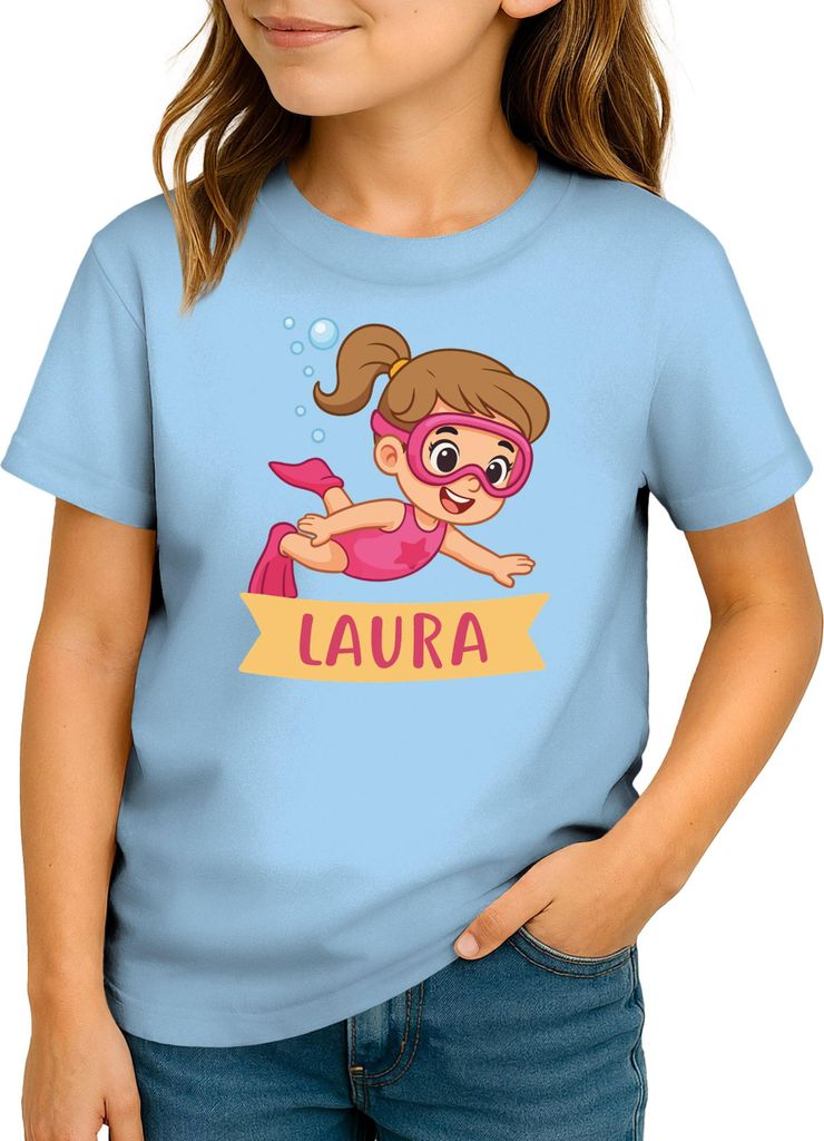 Kinder T-Shirt Mädchen Tauchen personalisiert mit Name Schwimmen Schnorcheln Shirt für kleine Wasserratten Moonworks