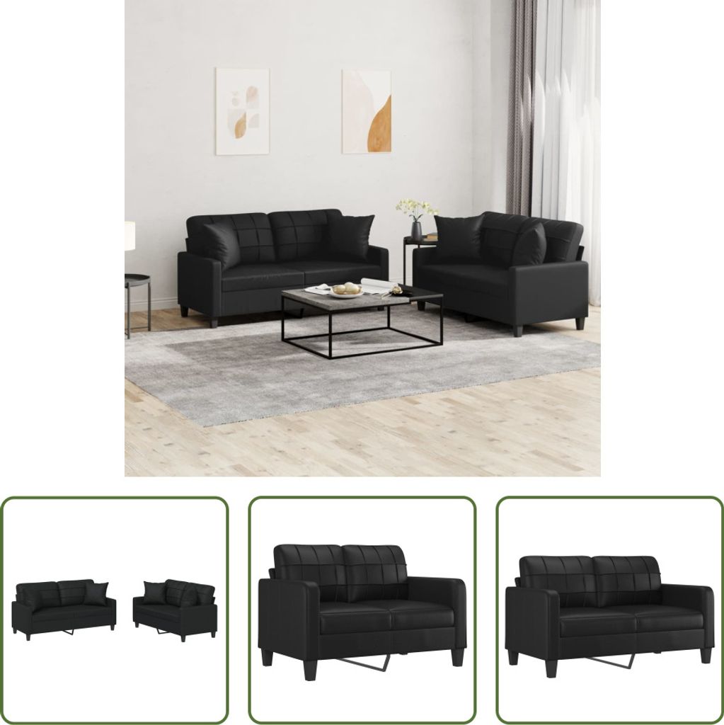 The Living Store 2-tlg. Sofagarnitur mit Kissen Schwarz Kunstleder