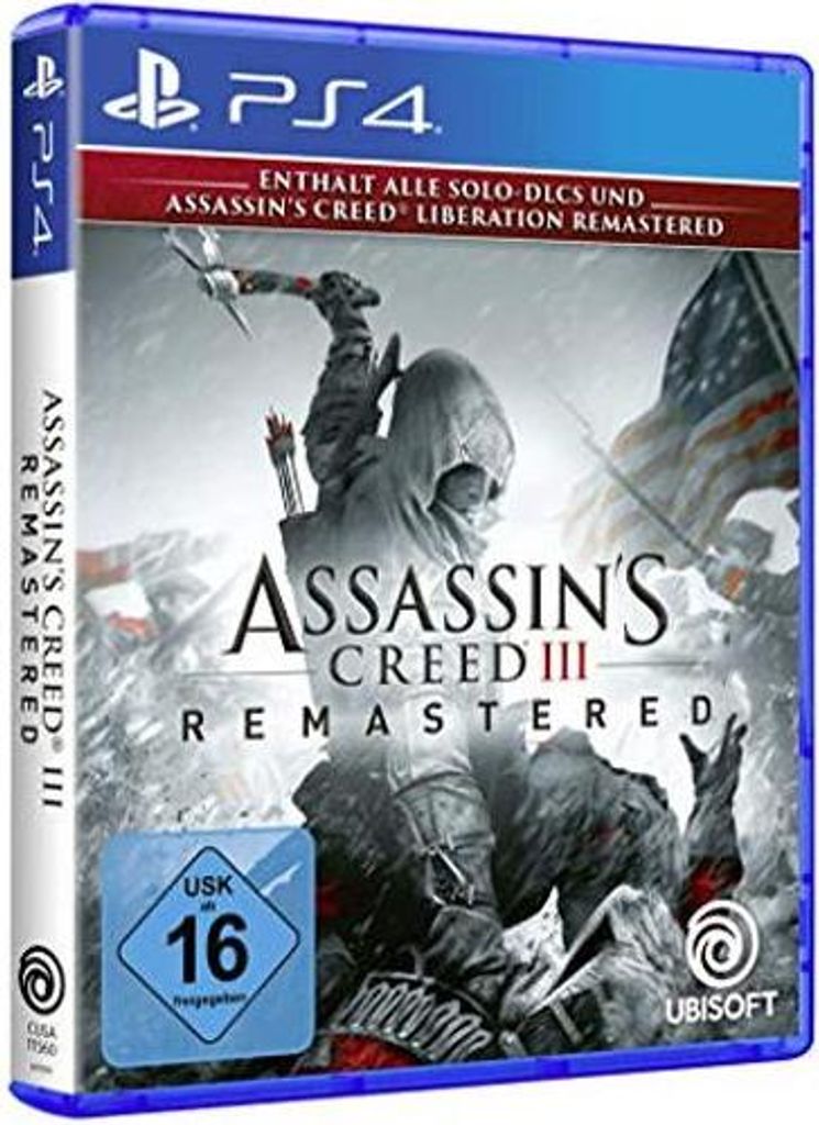 The image shows the front and side of a PlayStation 4 game case for Assassin's Creed III Remastered.
